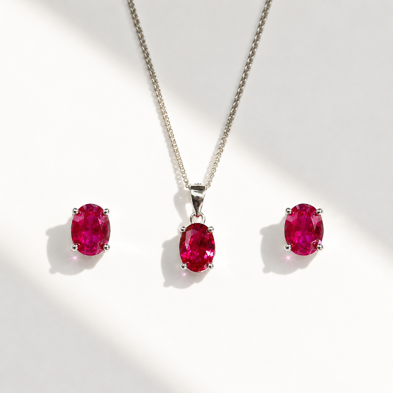 Oval-Cut Lab-Grown Ruby Sterling Silver Matching Necklace and Earring Set