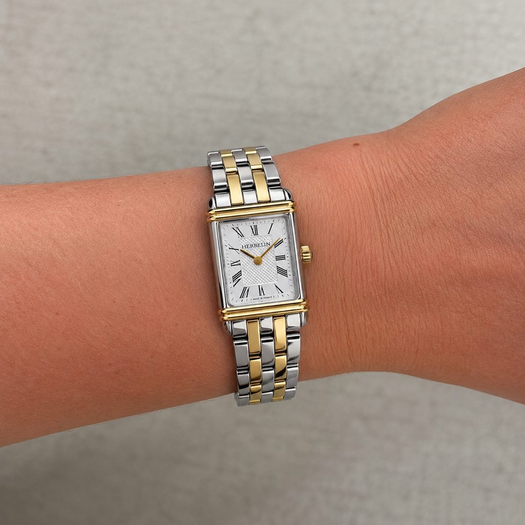 Herbelin | Art Deco Steel Two-Tone Square Watch with White Dial | Ladies
