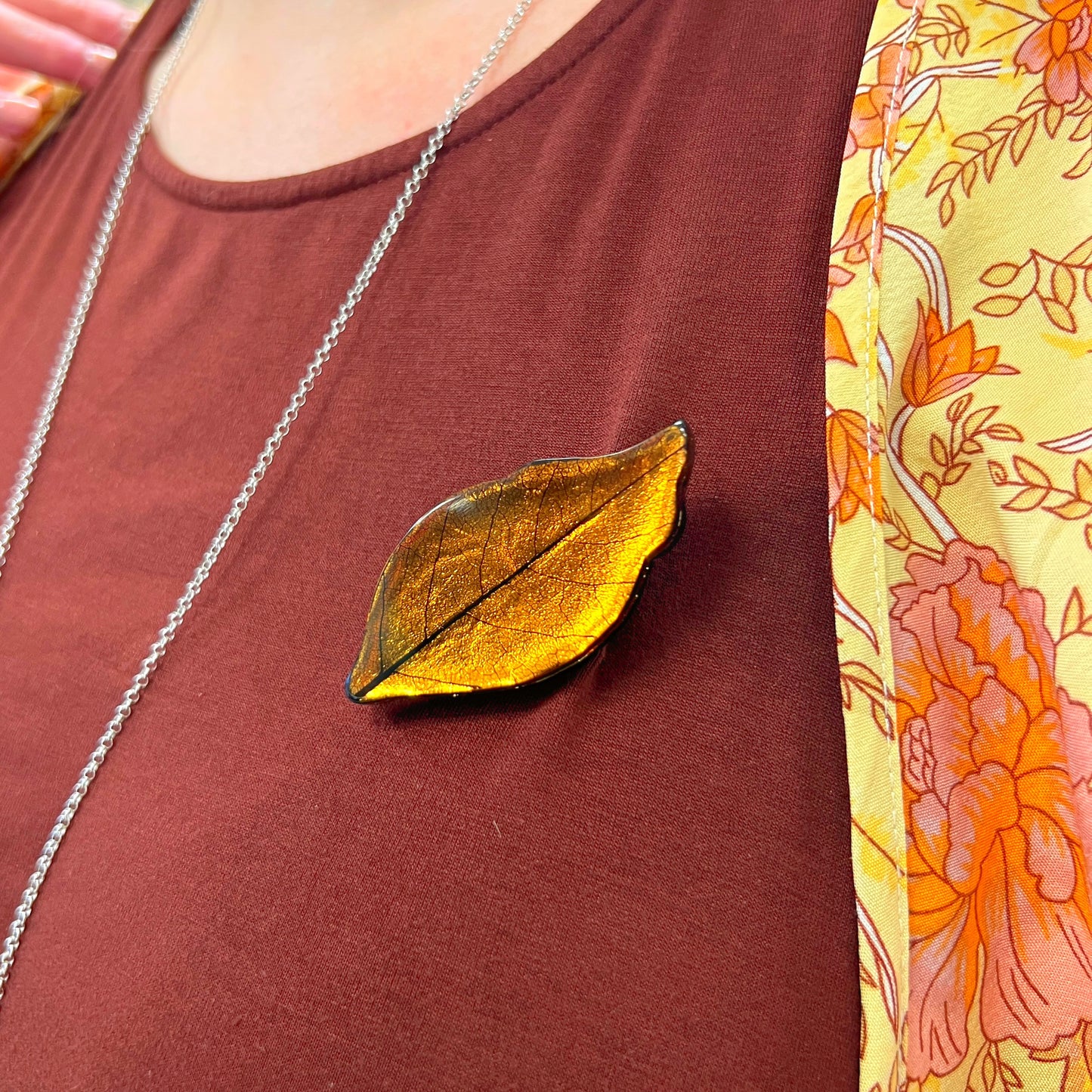 ‘Watch This Space’ Orange Real Leaf Brooch