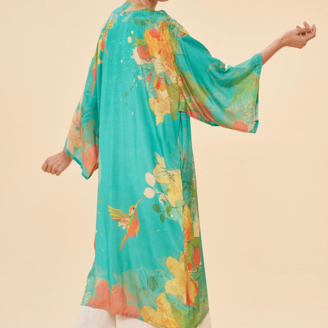 Powder Accessories Aqua Blue Floral Hummingbird Long Kimono Gown