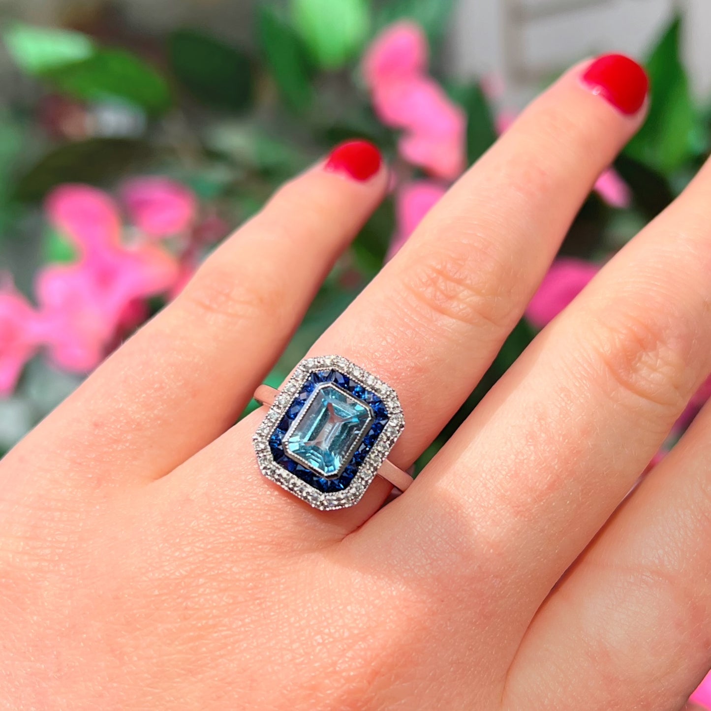 Art Deco Reproduction Blue Topaz, Sapphire and Diamond 9ct White Gold Ring | Size M ½