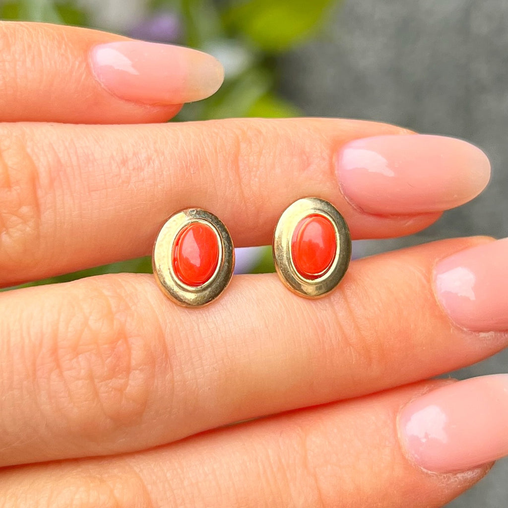 Rare Oval Coral 9ct Yellow Gold Stud Earrings