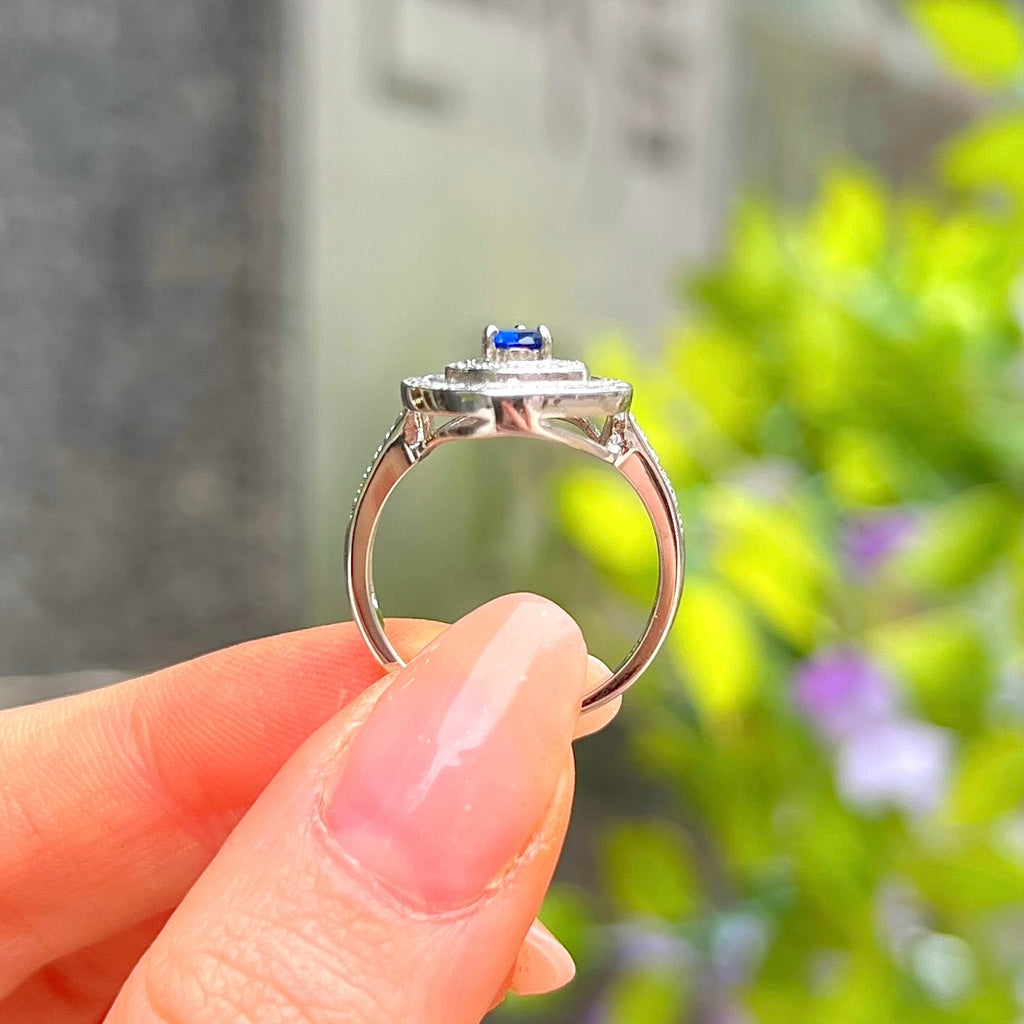 Blue Cubic Zirconia Sterling Silver Pear Shape Double Halo Ring | Size N