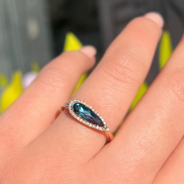 The Cinderelle Ring - Abstract 9ct Gold London Blue Topaz and Diamond Landscape Pear Size M ½