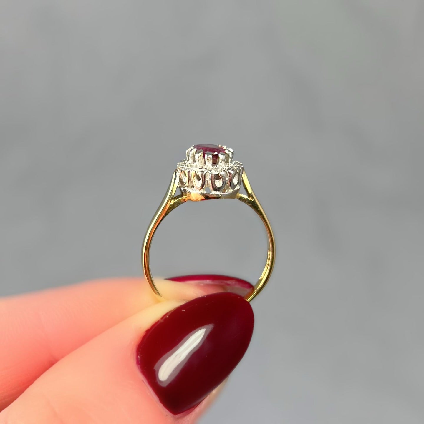 Vintage 9ct Yellow Gold Ruby and Diamond Cluster Ring - Size L