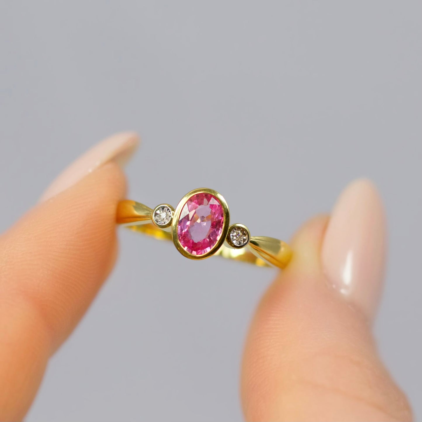 'Aurora' Ring - 9ct Yellow Gold Pink Sapphire and Diamond Trilogy Size O