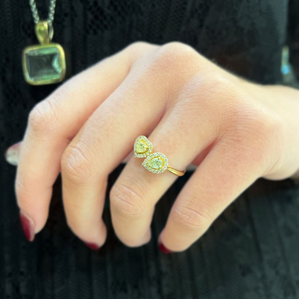 'The Lovers' Natural Yellow Diamond 18ct Yellow Gold Heart & Pear Cut Toi et Moi Ring | Size M ½