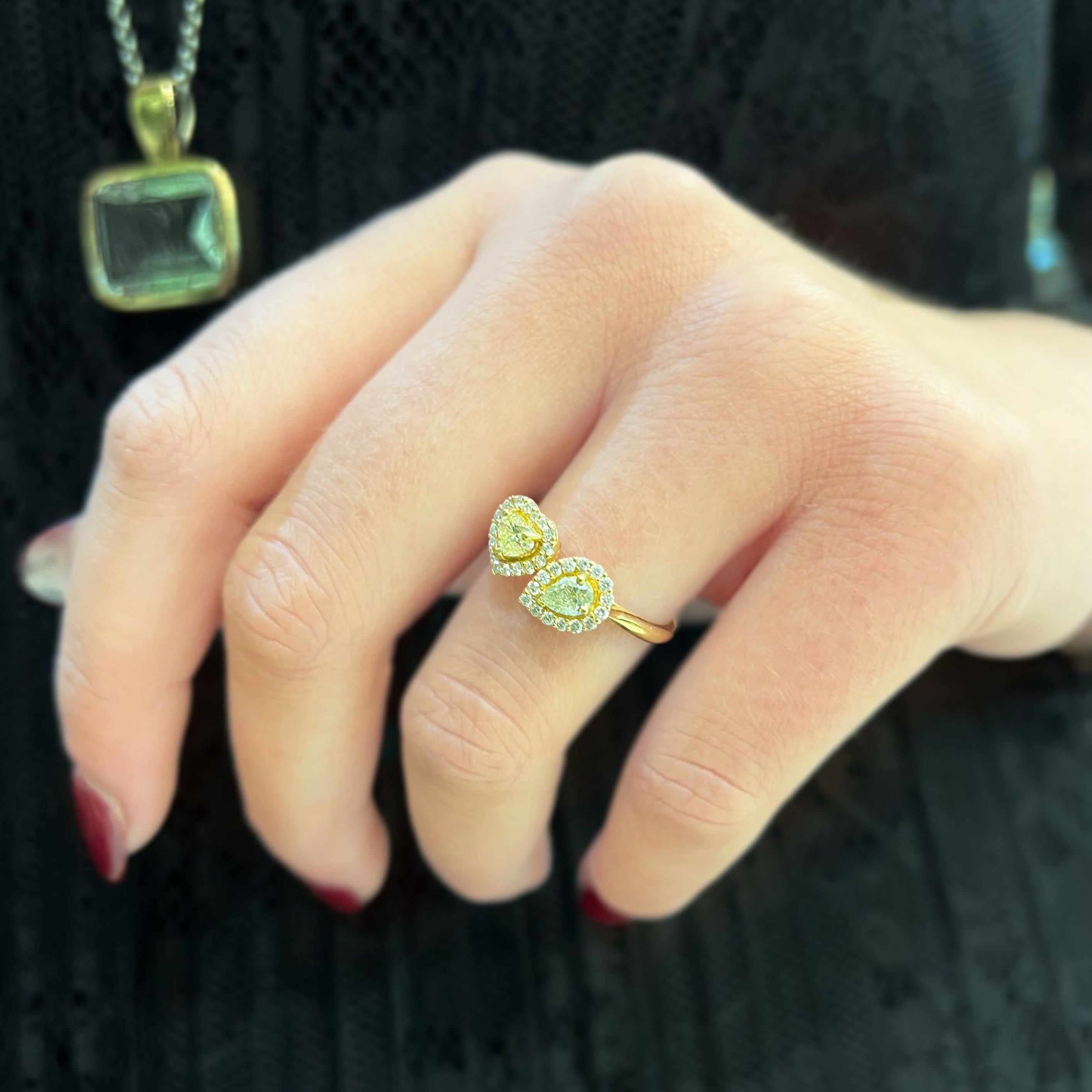 'The Lovers' Natural Yellow Diamond 18ct Yellow Gold Heart & Pear Cut Toi et Moi Ring | Size M ½