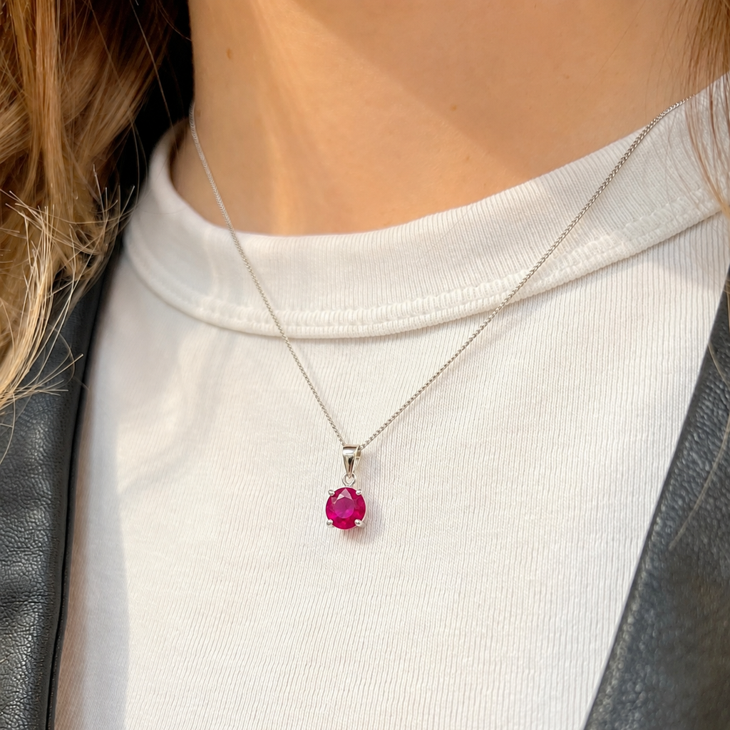 Round-Cut Lab-Grown Ruby Sterling Silver Matching Necklace and Earring Set