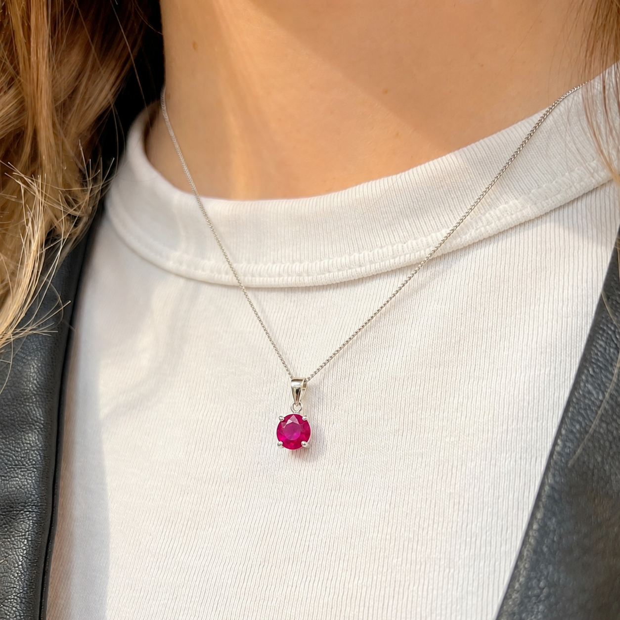 Round-Cut Lab-Grown Ruby Sterling Silver Matching Necklace and Earring Set