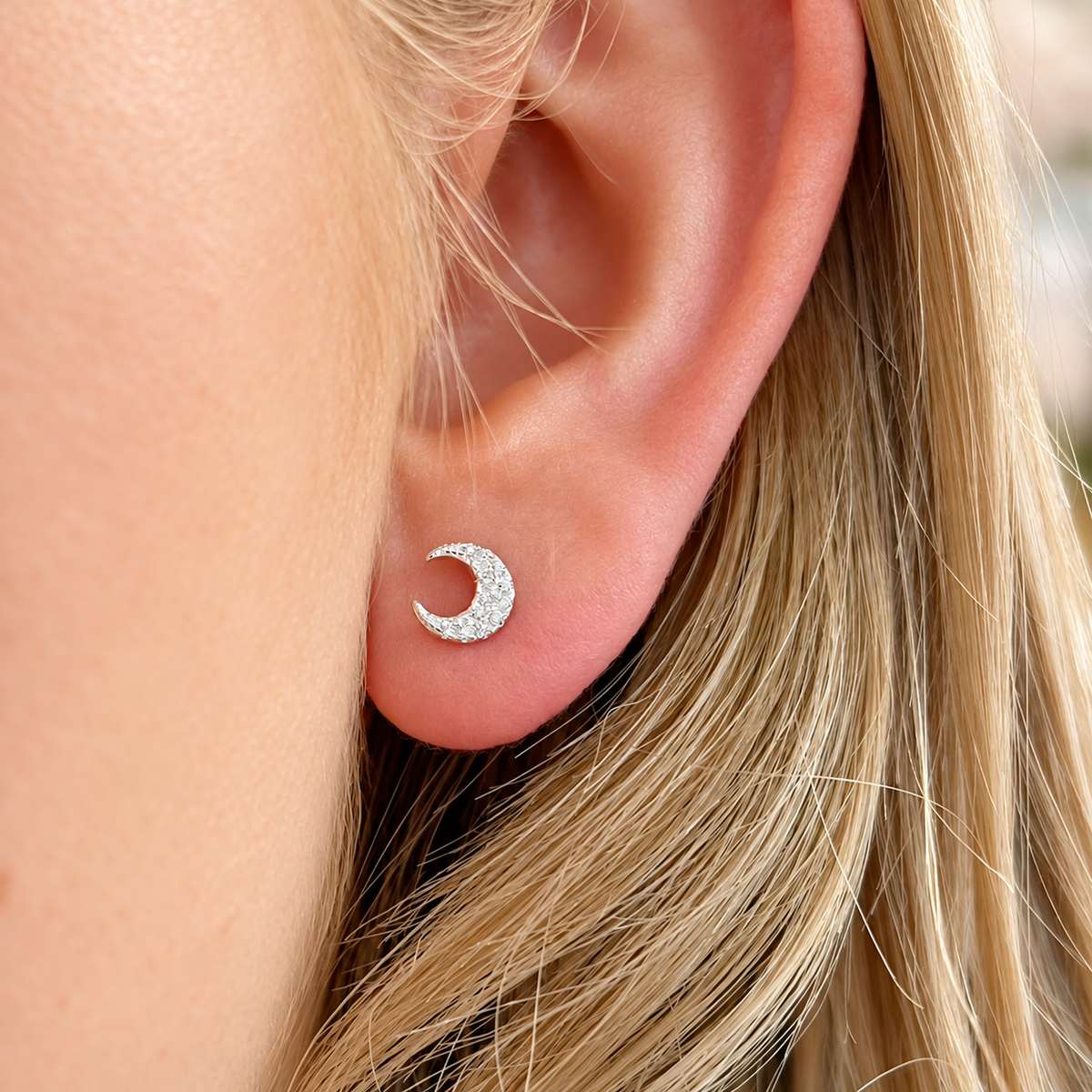 Cubic Zirconia Sterling Silver Half Moon Stud Earrings