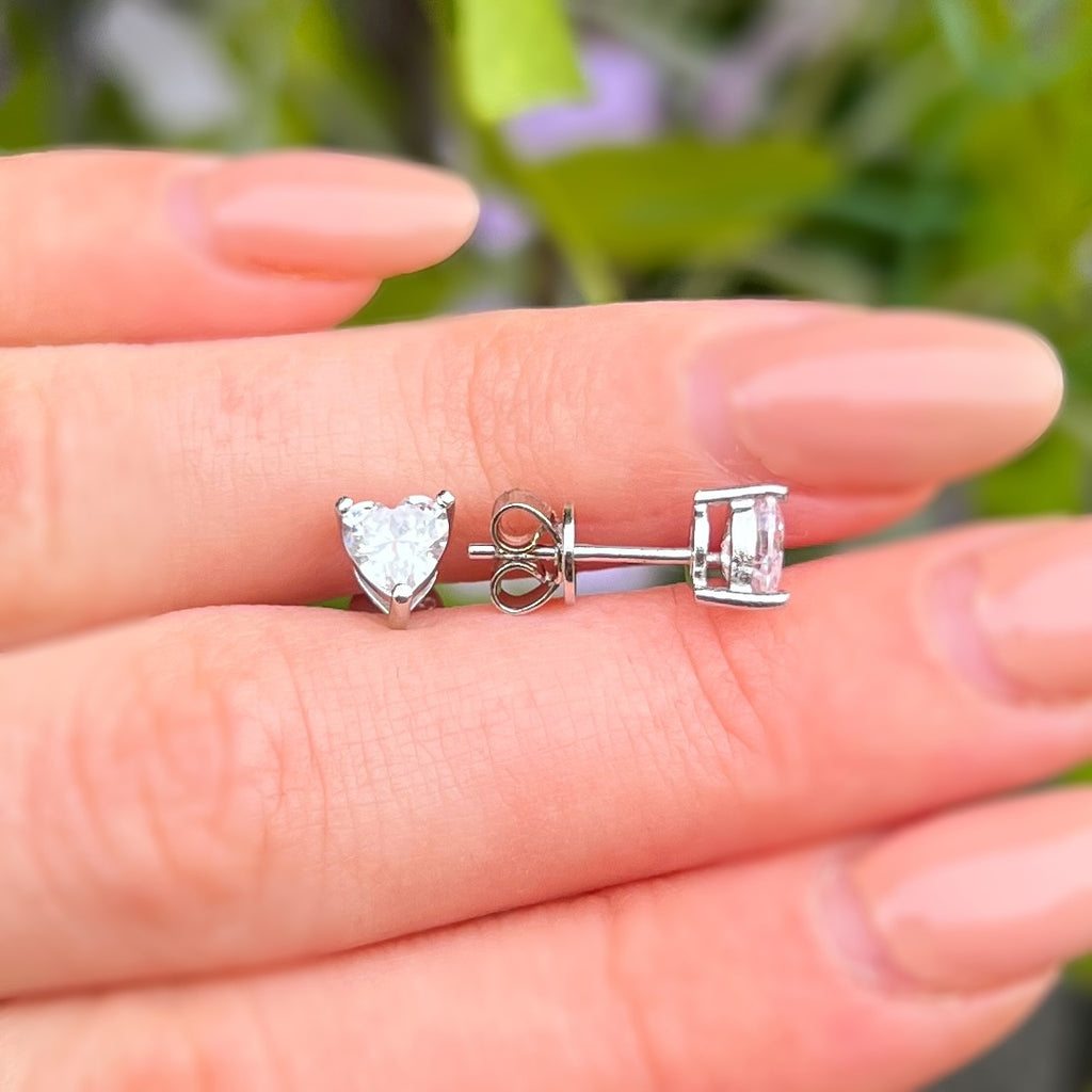 Claw Set Faceted Cubic Zirconia Sterling Silver Heart Stud Earrings