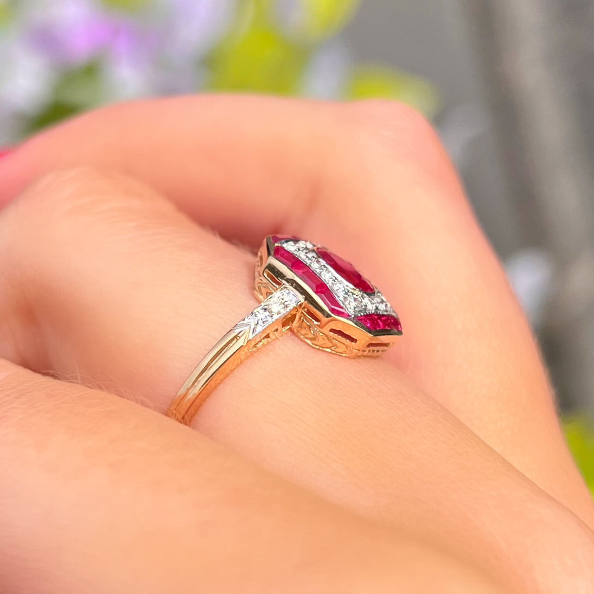 Art Deco Inspired 9ct Yellow Gold Red Ruby and Diamond Ring - Size O