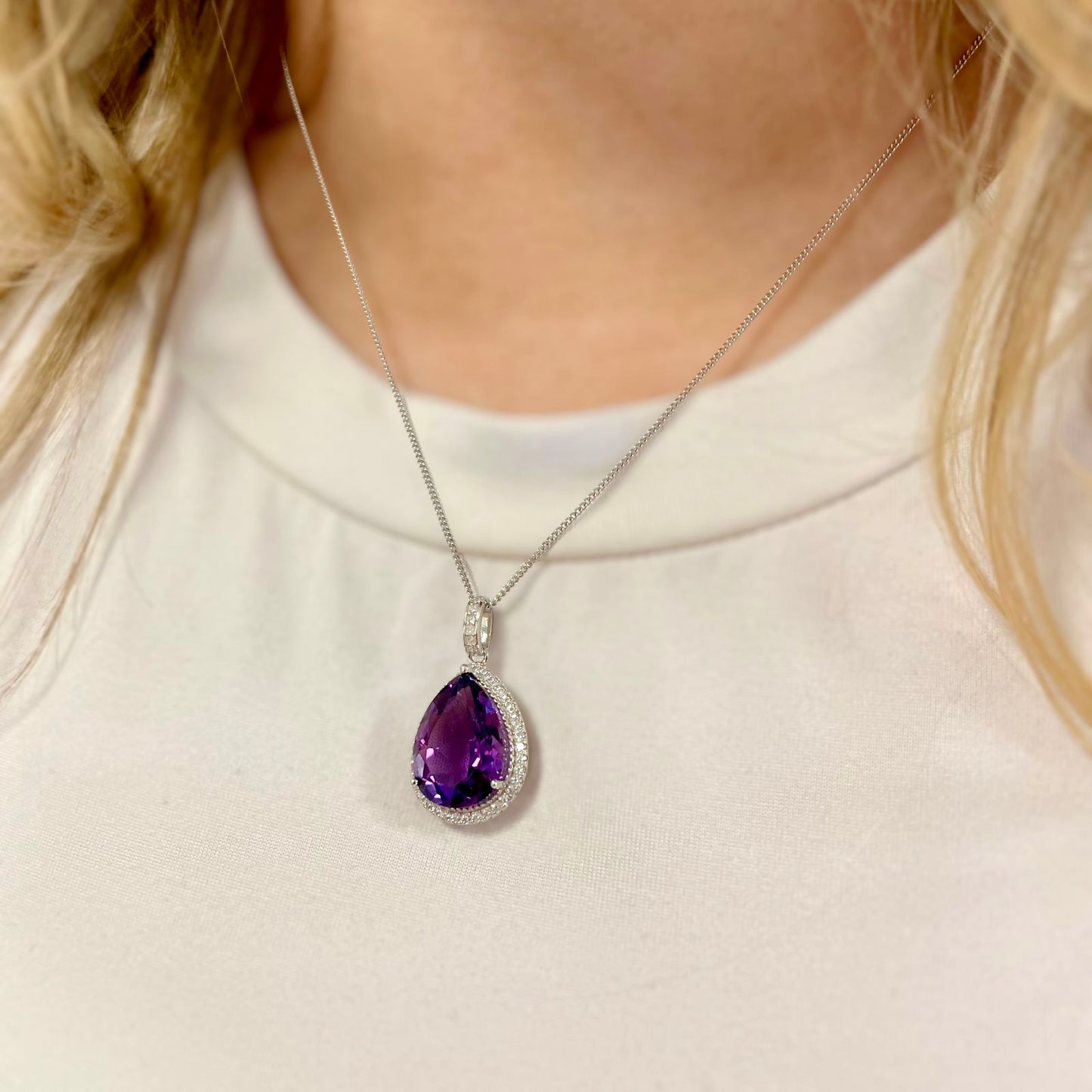 Sparkling Sterling Silver Pear Shaped Amethyst and Cubic Zirconia Necklace