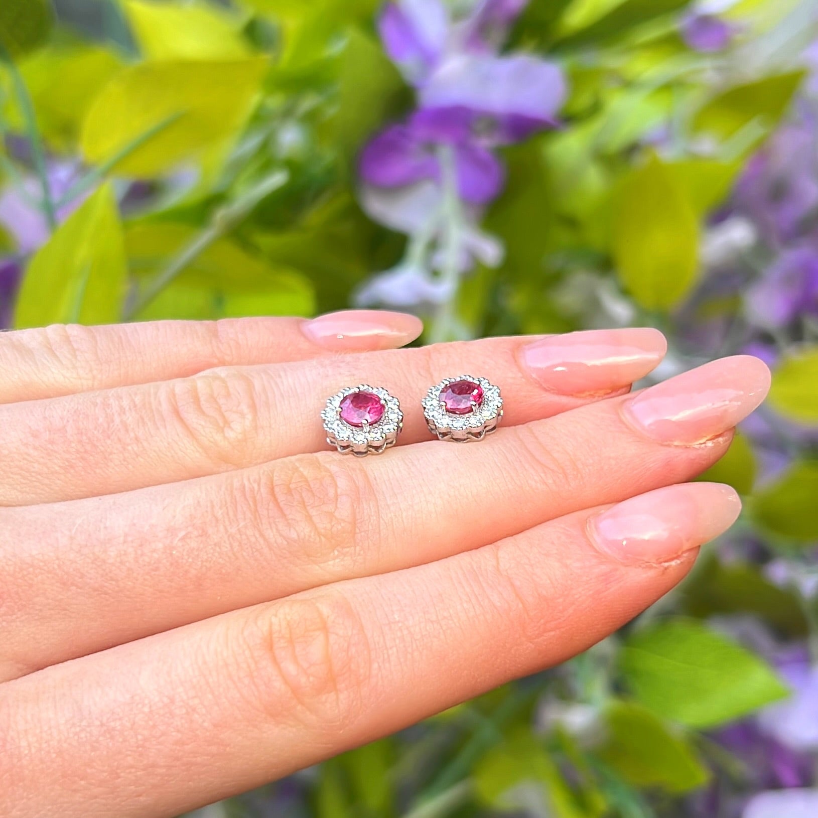 Ruby and Diamond 18ct White Gold Halo Stud Earrings