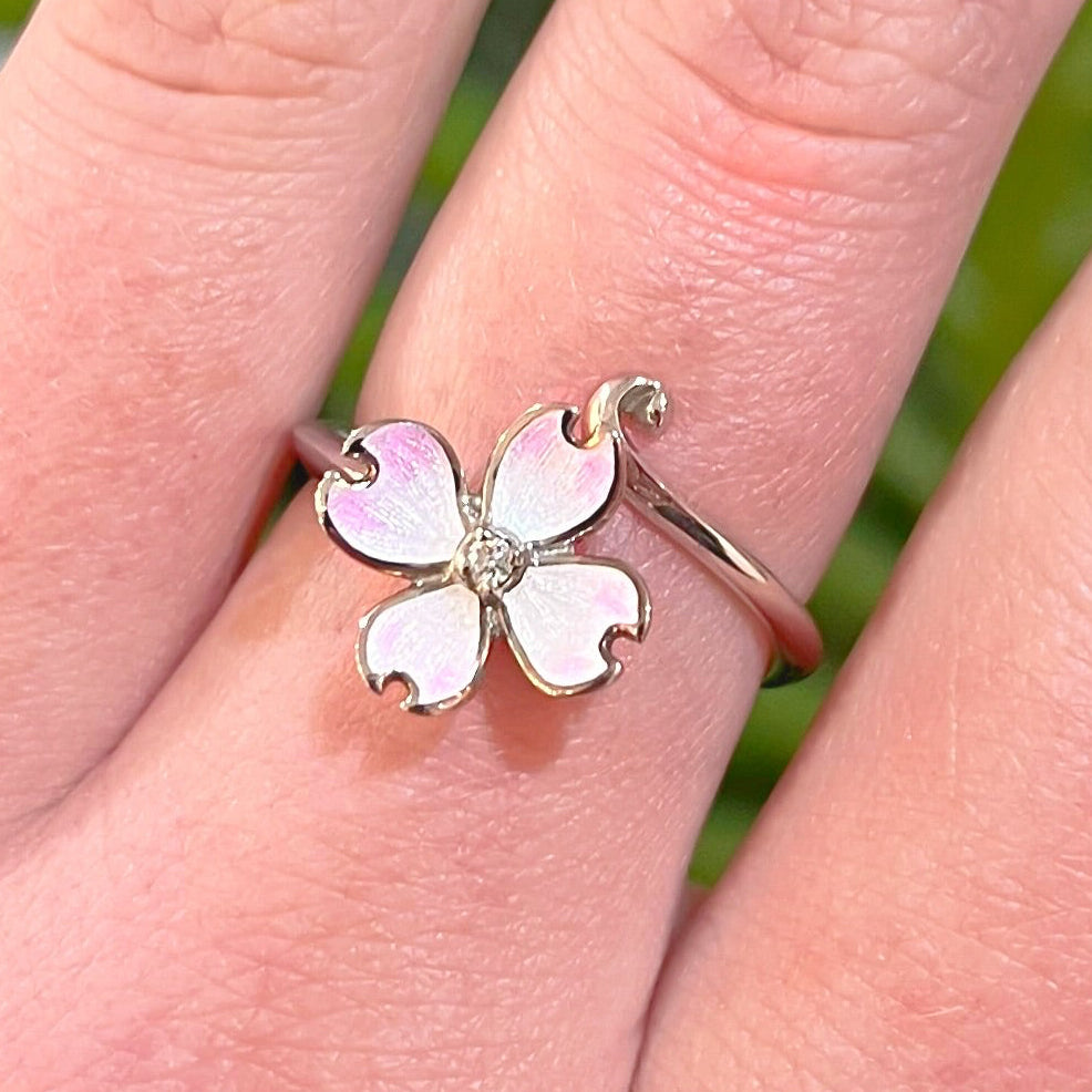 Sterling Silver Pink Enamel Flower & Diamond Ring - Adjustable Size