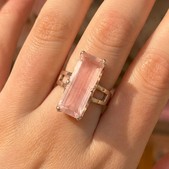 Rose Quartz Baguette Cut Sterling Silver Ring | Size Q