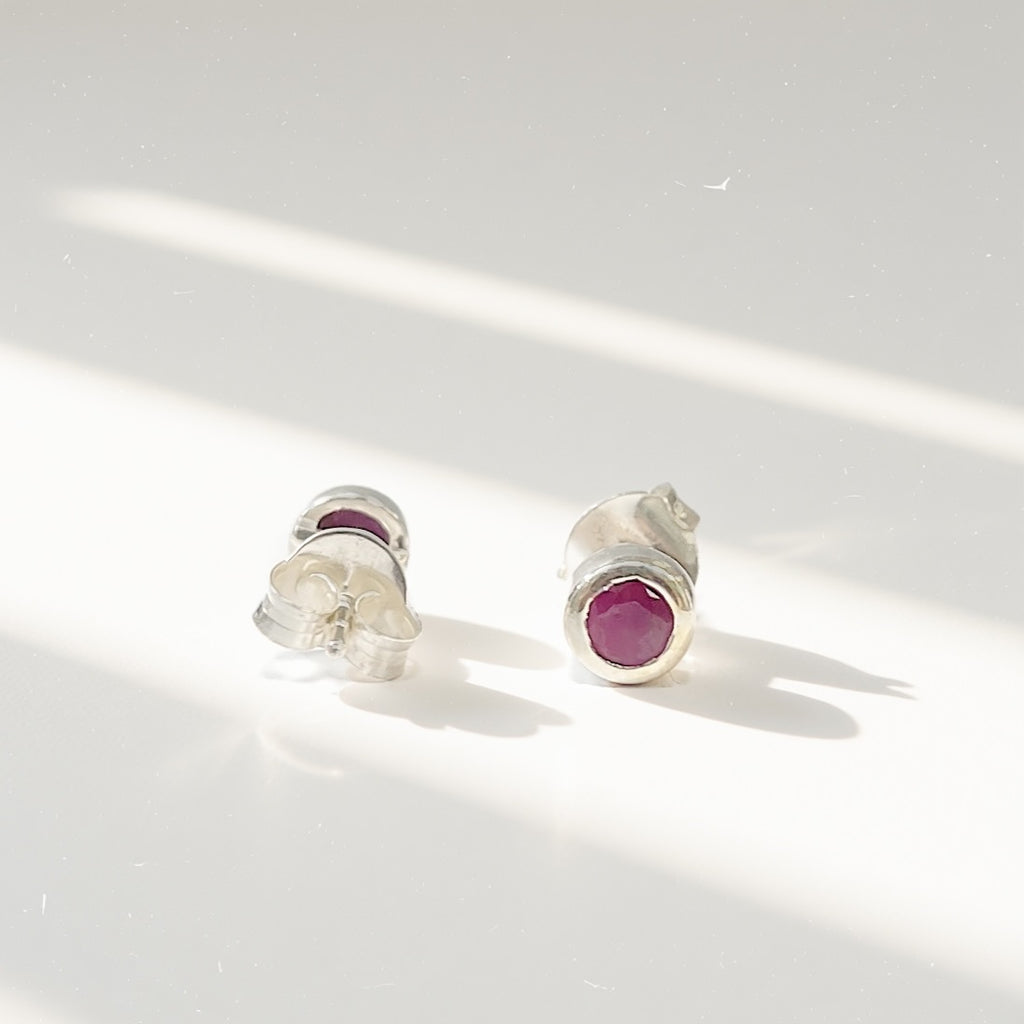 Bezel Set Round Ruby Sterling Silver Small Stud Earrings