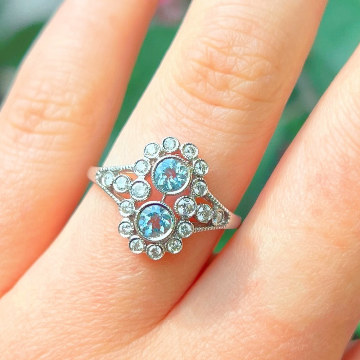 Edwardian Reproduction Aquamarine and Diamond 18ct White Gold Ring | Size N ½