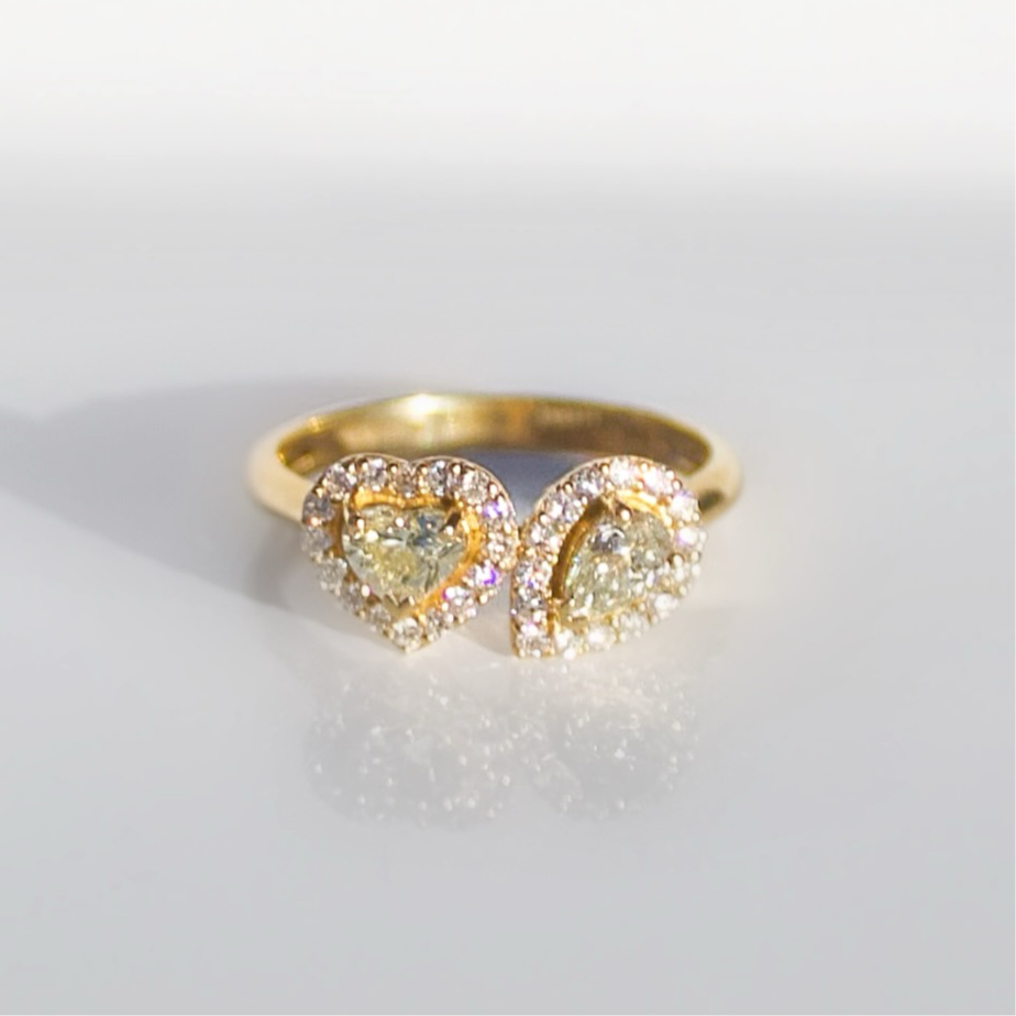 'The Lovers' Ring - 18ct Yellow Gold Toi et Moi Ring with Heart and Pear-Shaped Natural Yellow Diamonds Size M 1/2