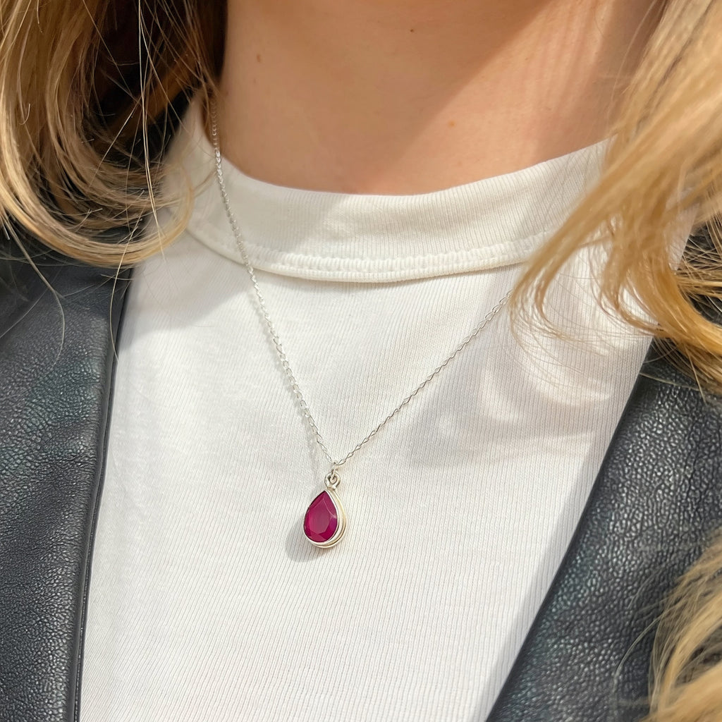 Pear Ruby Sterling Silver Dainty Necklace