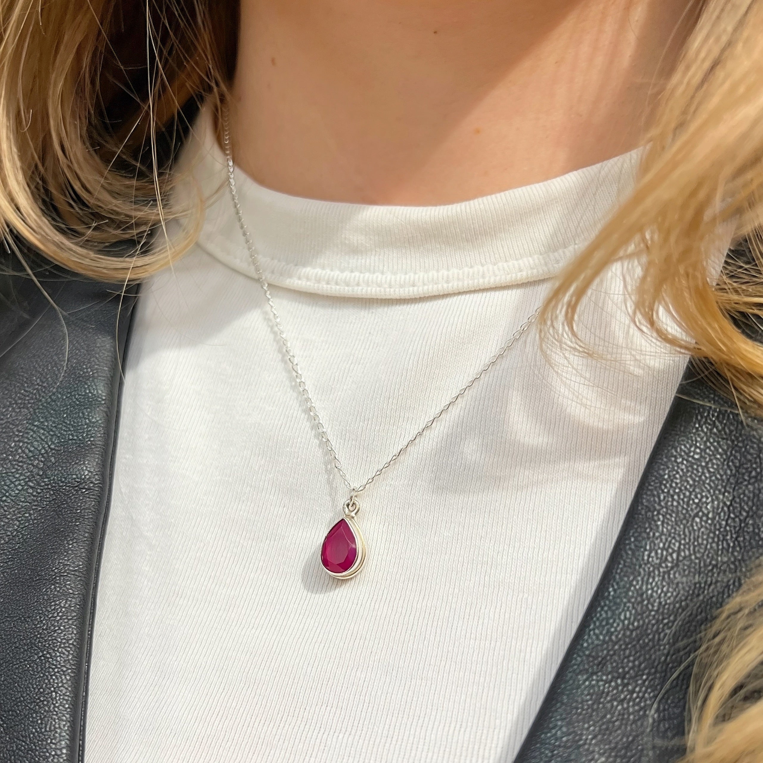 Pear Ruby Sterling Silver Dainty Necklace