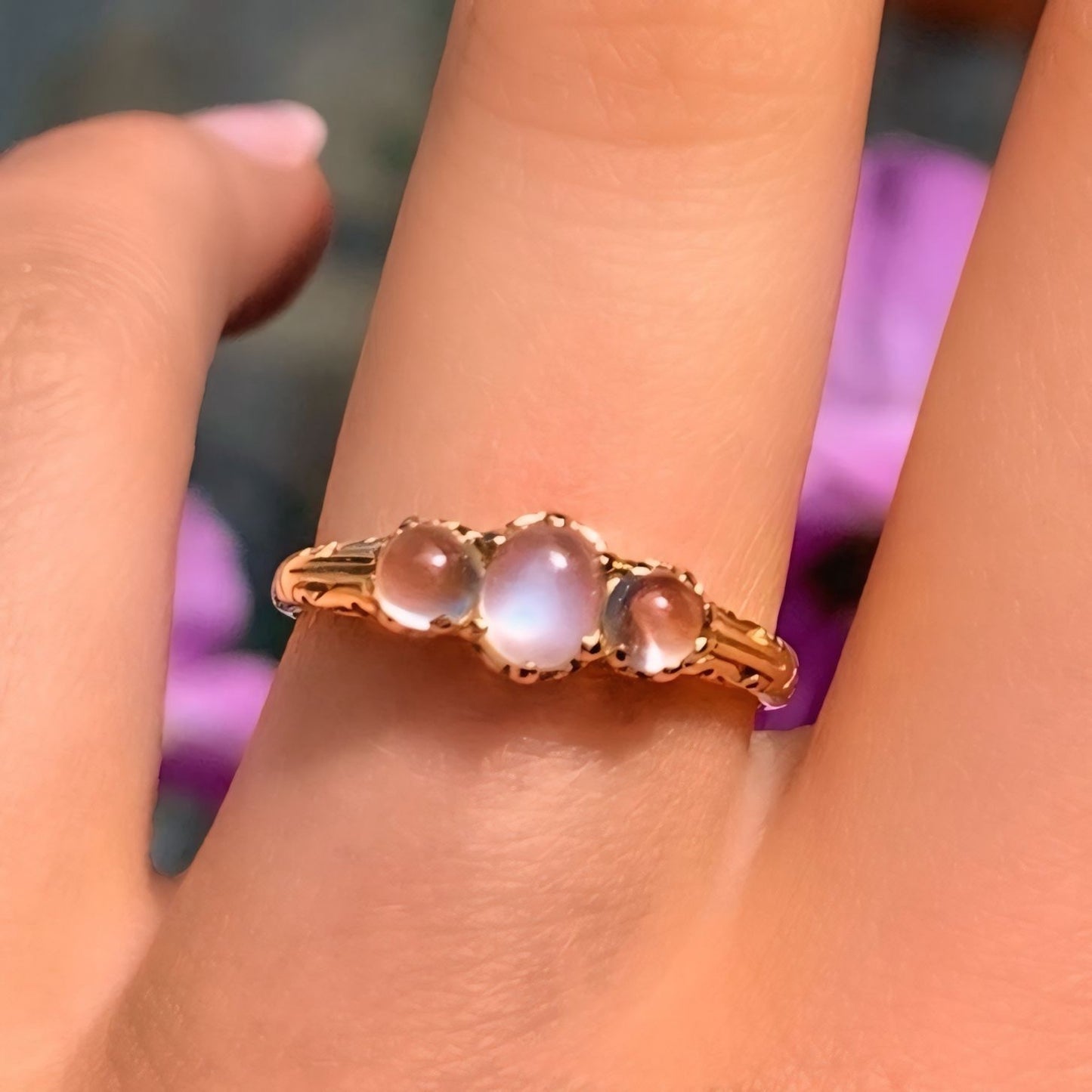 Antique Inspired 9ct Yellow Gold Moonstone Dainty Trilogy Ring - Size M