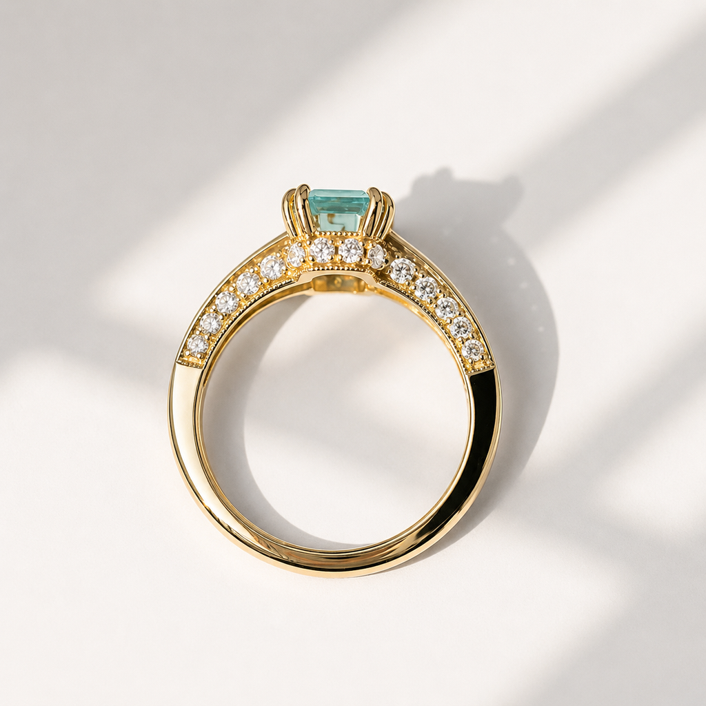 Blue Topaz Sapphire and Diamond 9ct Yellow Gold Engagement Ring | Size M ½