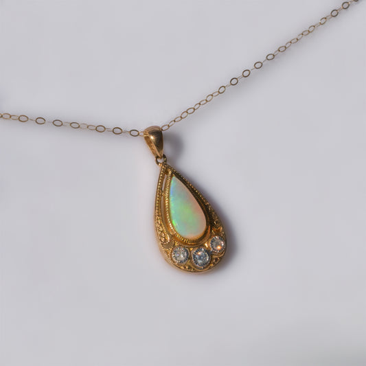 Intriguing Art Deco Inspired 9ct Yellow Gold Opal and Diamond Necklace