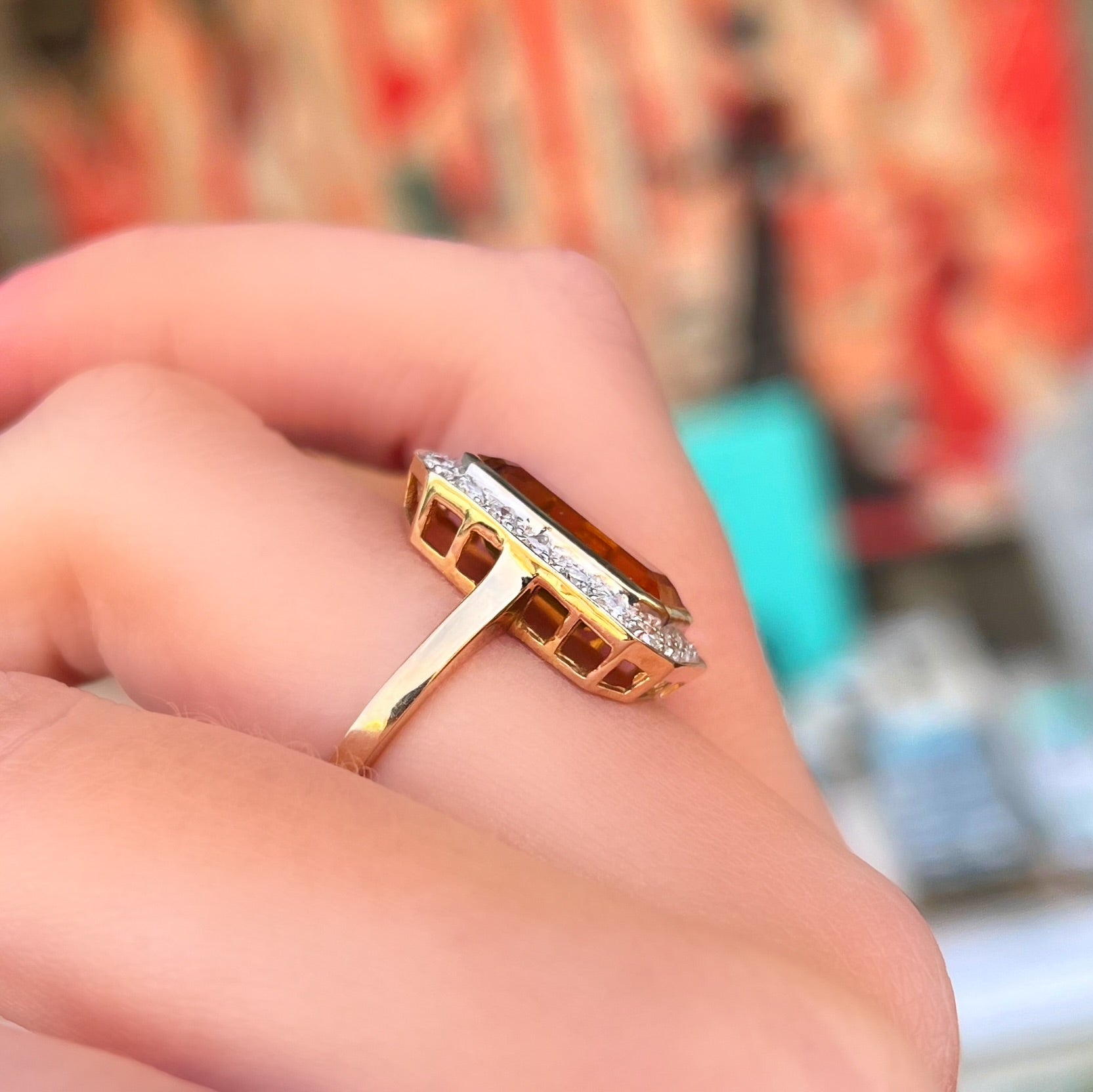Art Deco Inspired Madeira Citrine and Diamond 9ct Yellow Gold Halo Cocktail Ring | Size N ½