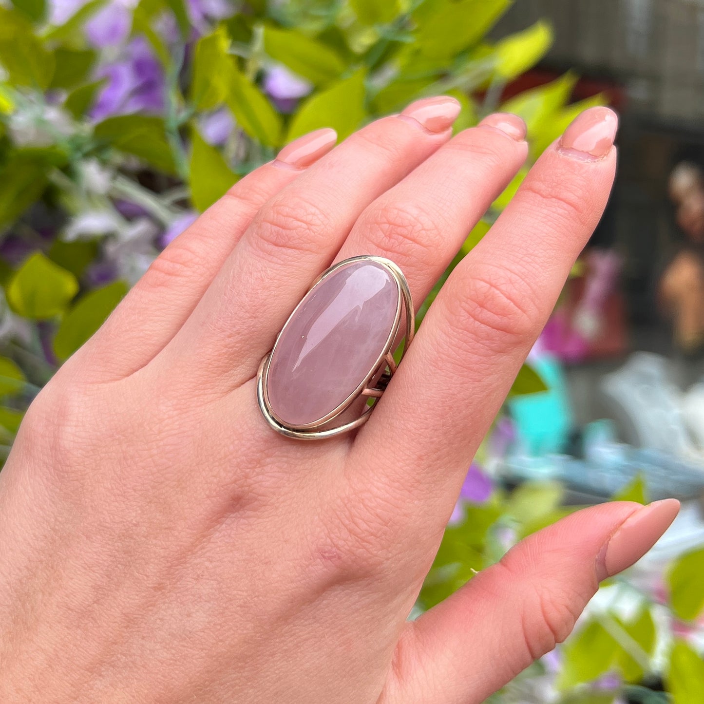 Large Sterling Silver Oval Cut Rose Quartz Ring - Size P