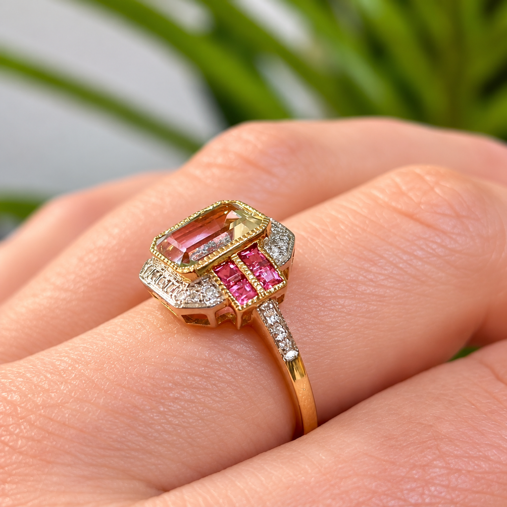 Art Deco Inspired Green Amethyst and Pink Tourmaline 9ct Yellow Gold Ring