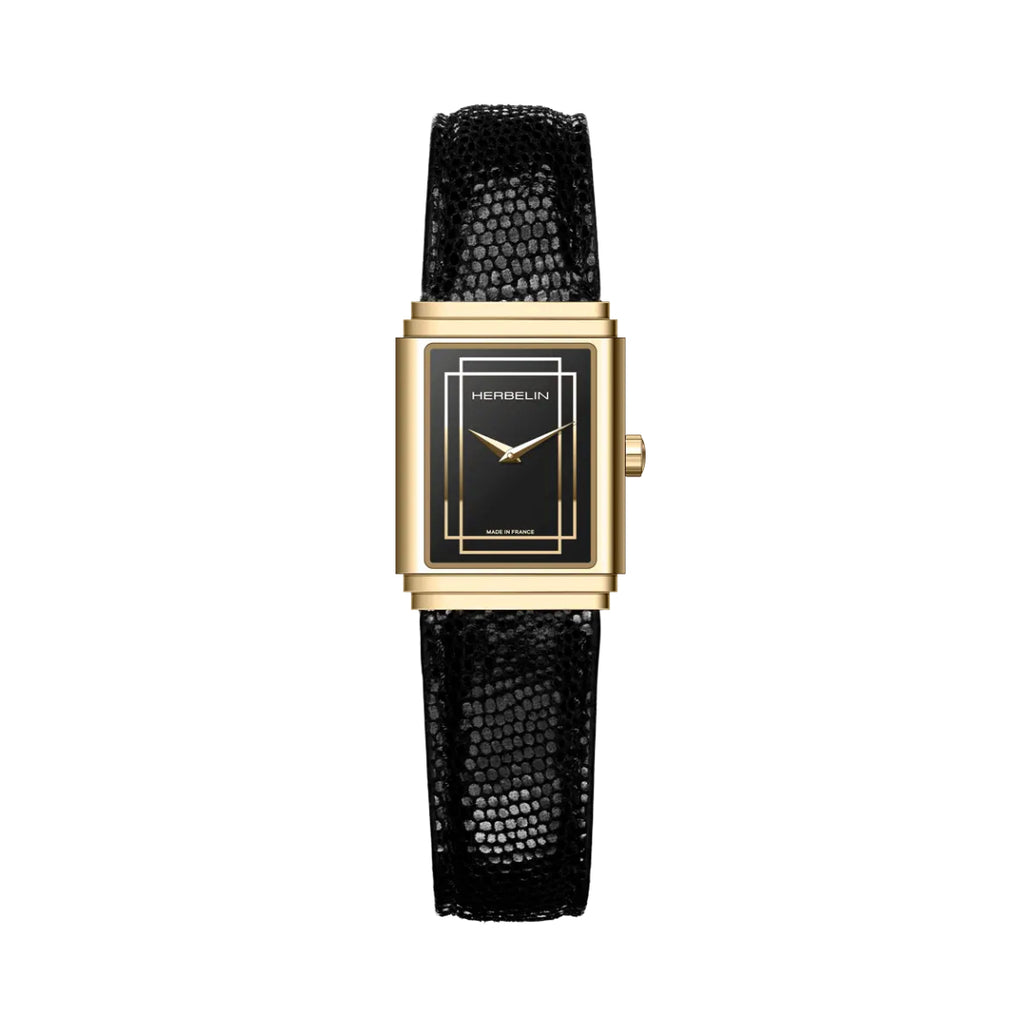 Herbelin Art Deco 1925's Ladies Steel Gold Watch with Black Dial & Leather Strap