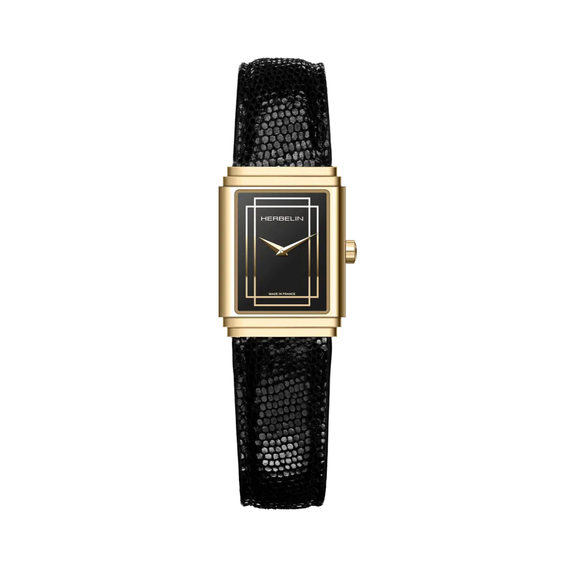 Herbelin Art Deco 1925’s Ladies Steel Gold Watch with Black Dial & Leather Strap