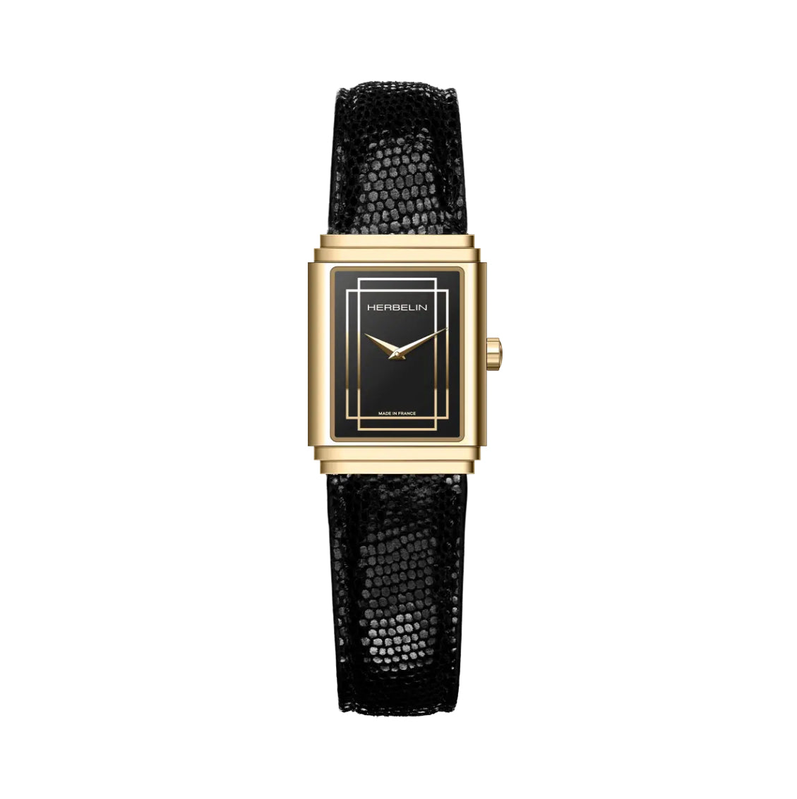 Herbelin Art Deco 1925's Ladies Steel Gold Watch with Black Dial & Leather Strap