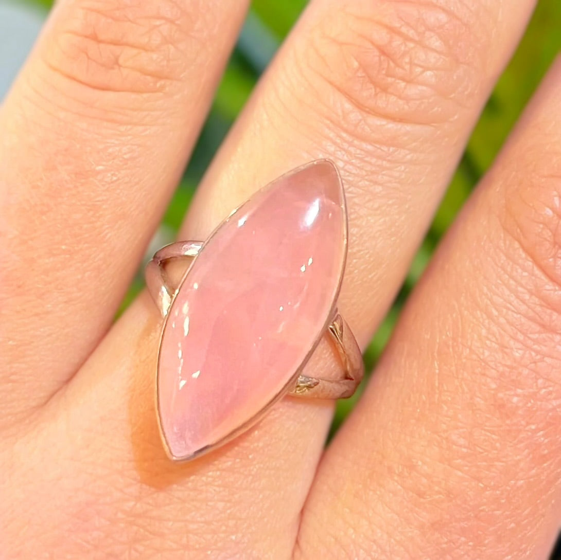 Pink Rose Quartz Sterling Silver Marquise Cut Ring - Size Q