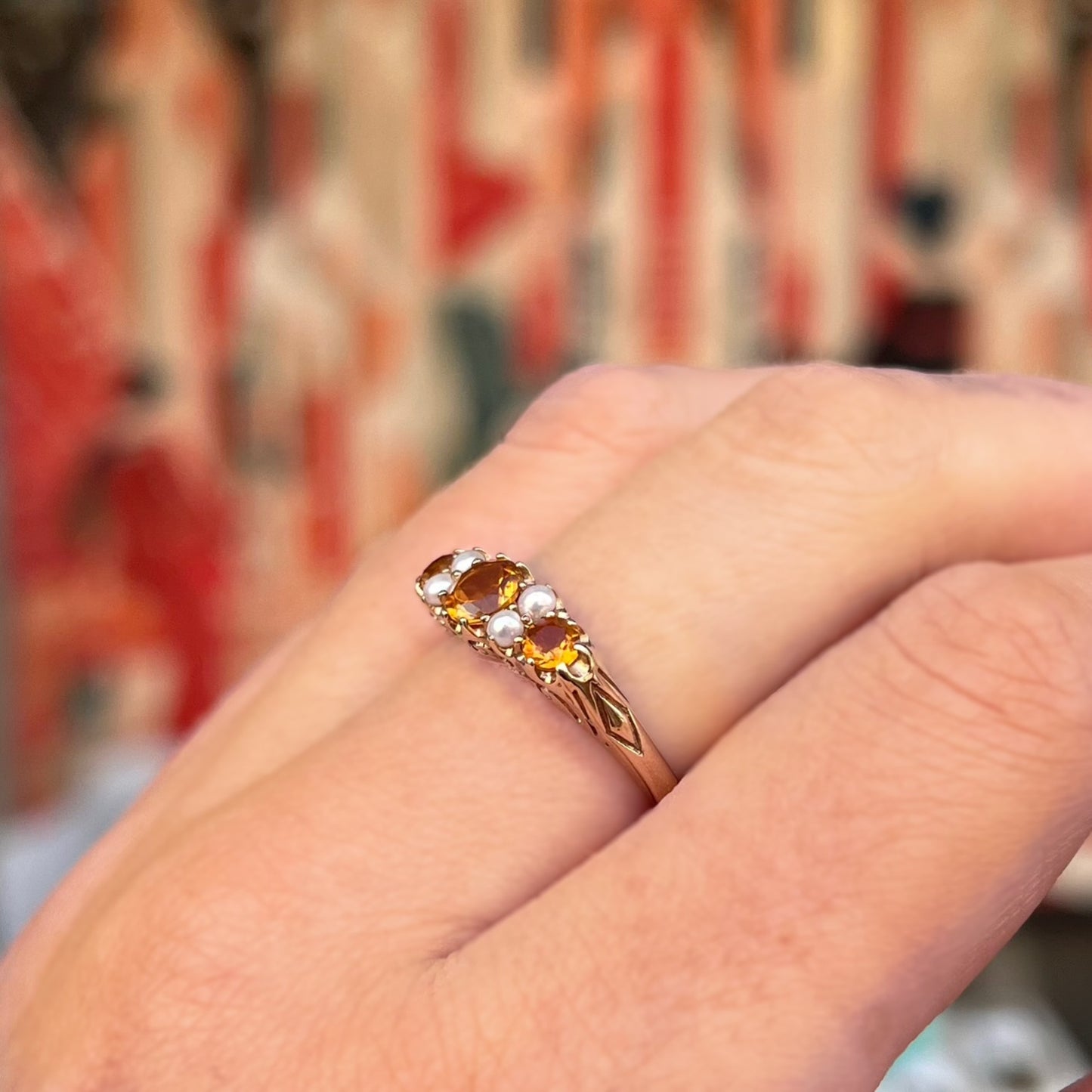 Edwardian Inspired Ornate 9ct Yellow Gold Citrine and Pearl Ring - SIZE O