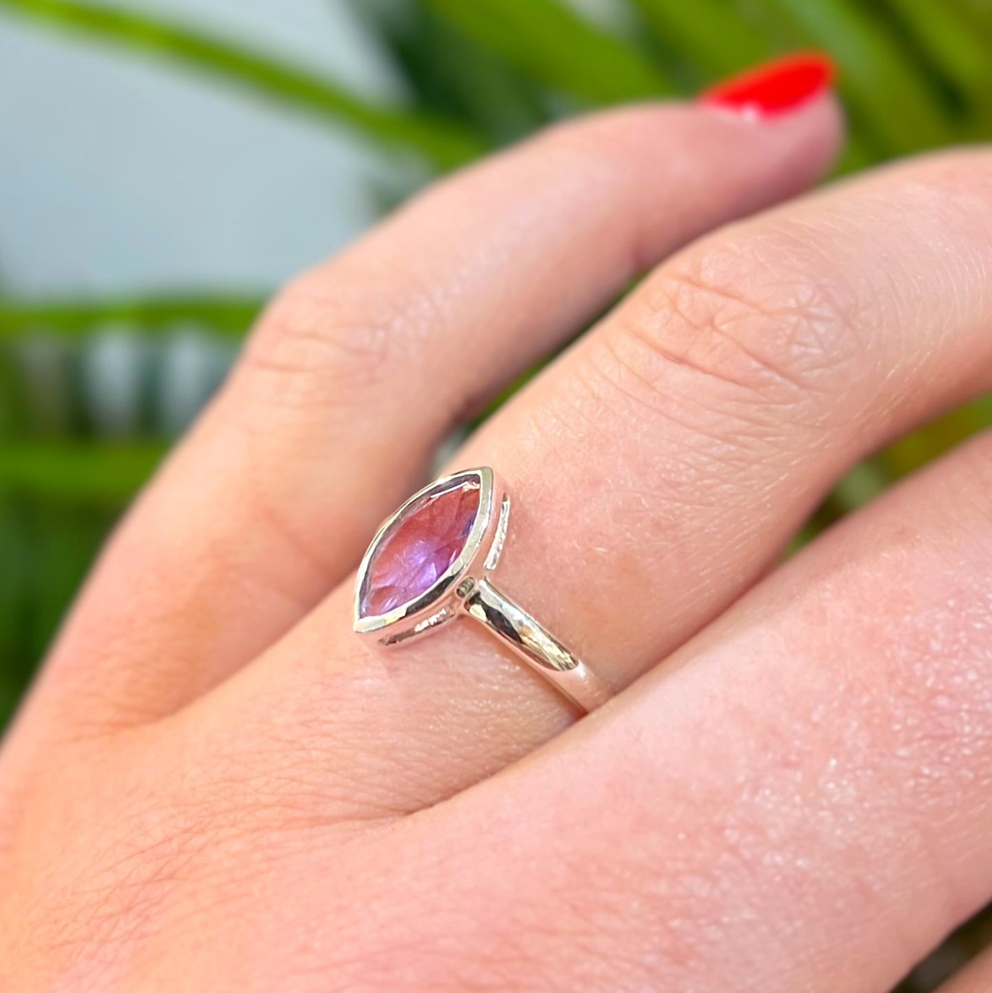 Sterling Silver Marquise Amethyst Solitaire Stacking Ring - Size K ½