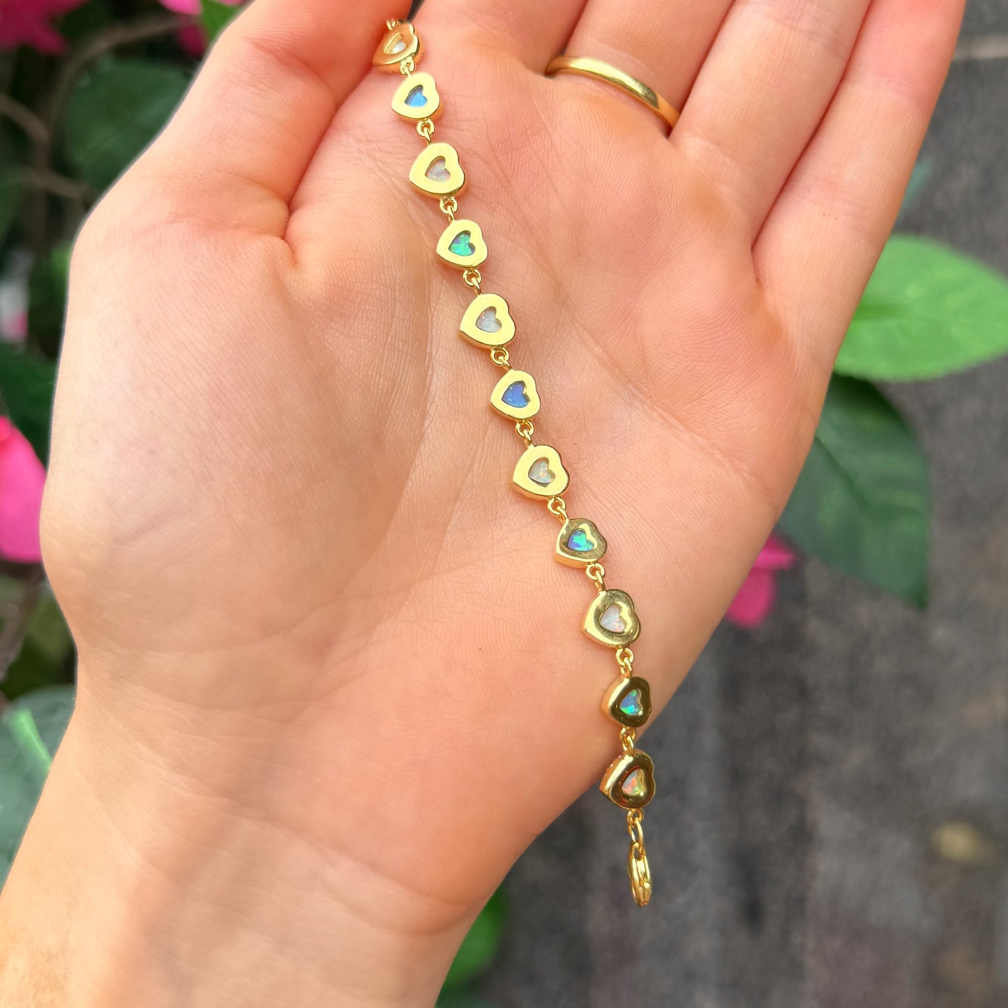 Blue & White Opal 9ct Yellow Gold Plated Cubic Zirconia Love Heart’s Bracelet