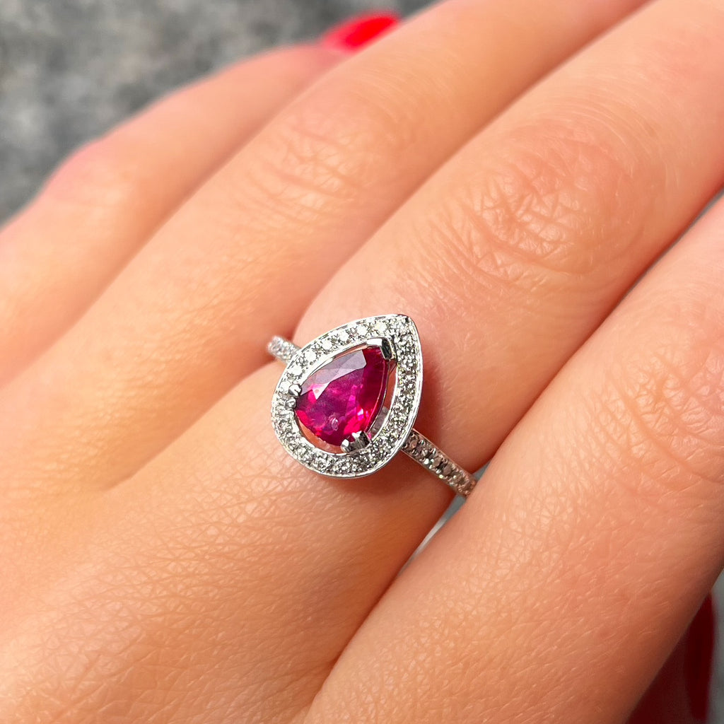 Ruby and Diamond Pear Shaped 18ct White Gold Ring | Size N
