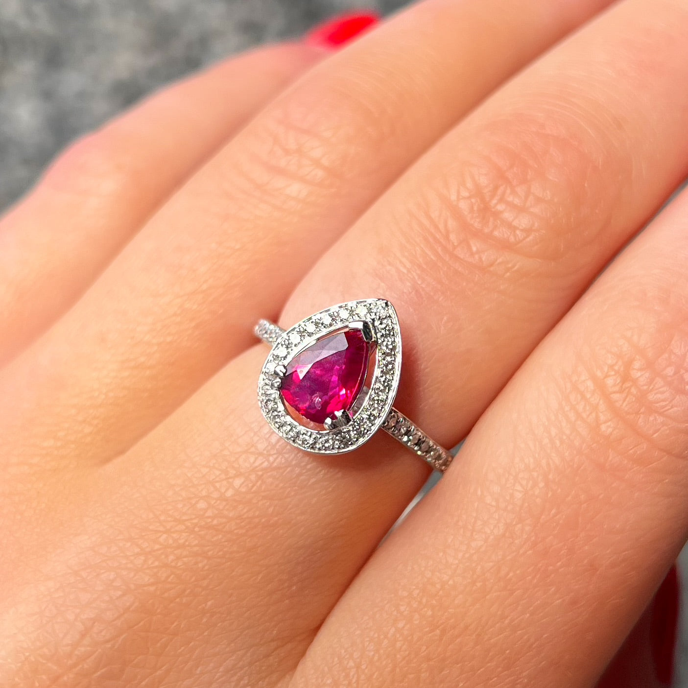 Ruby and Diamond Pear Shaped 18ct White Gold Ring | Size N