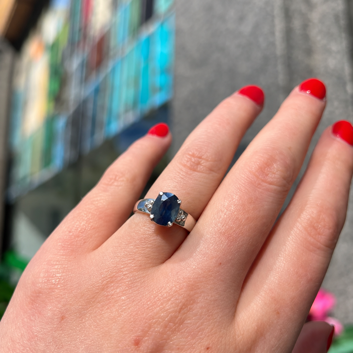 Thick band Blue Sapphire Sterling Silver Ring | Size Q