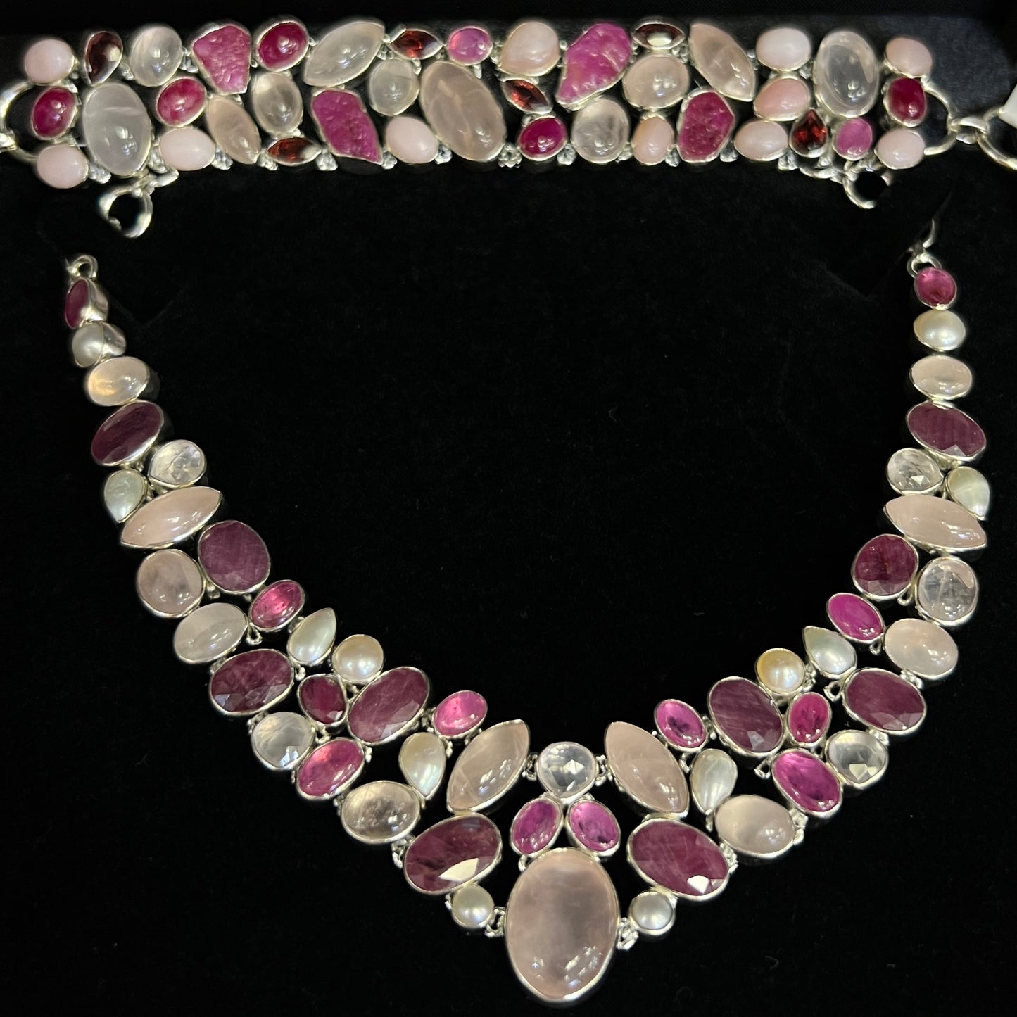 Red Ruby, White Pearl, Pink Rose Quartz & Clear Quartz Chunky Sterling Silver Statement Collar Necklace