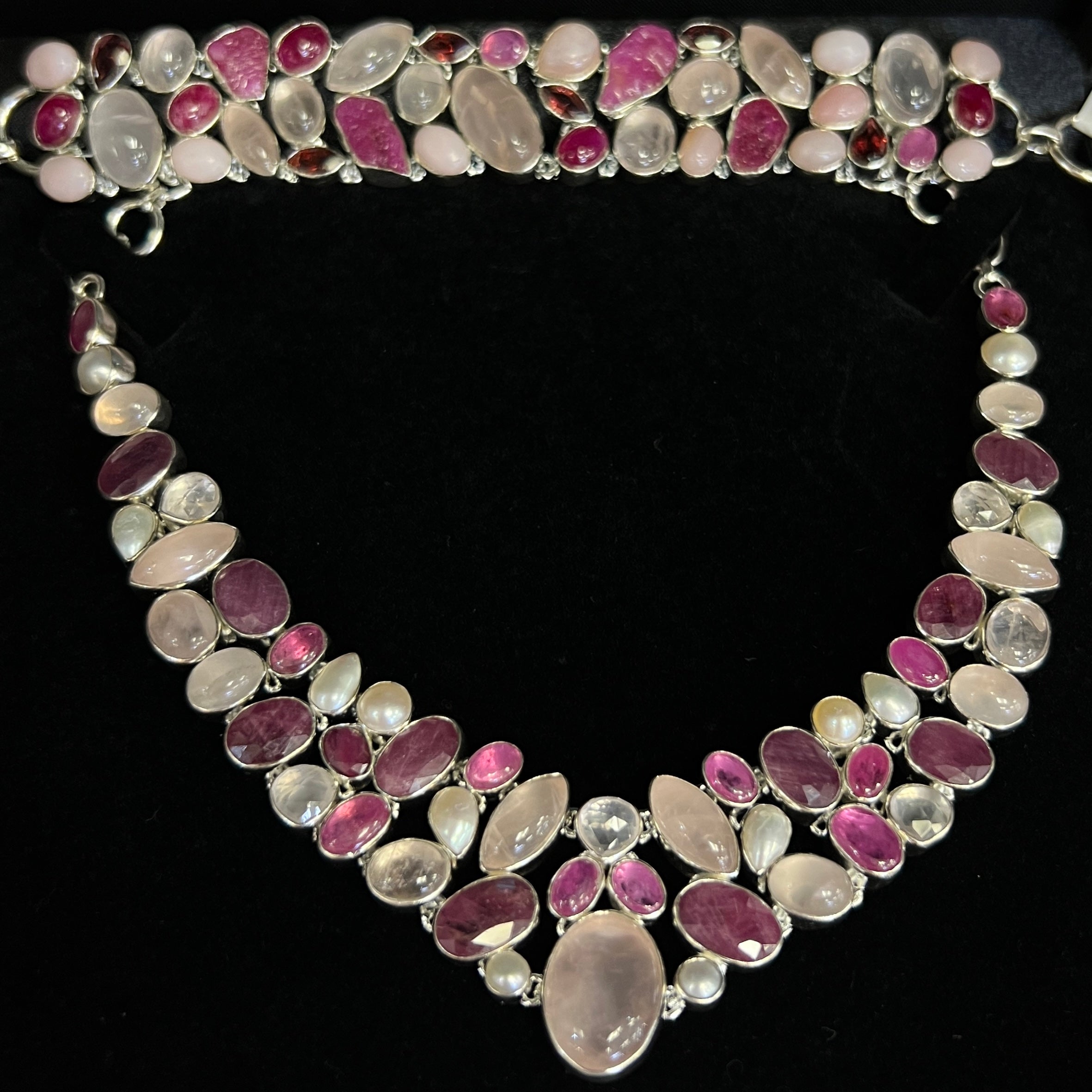 Ruby, White Pearl, Rose Quartz & Clear Quartz Sterling Silver Chunky Collar Necklace