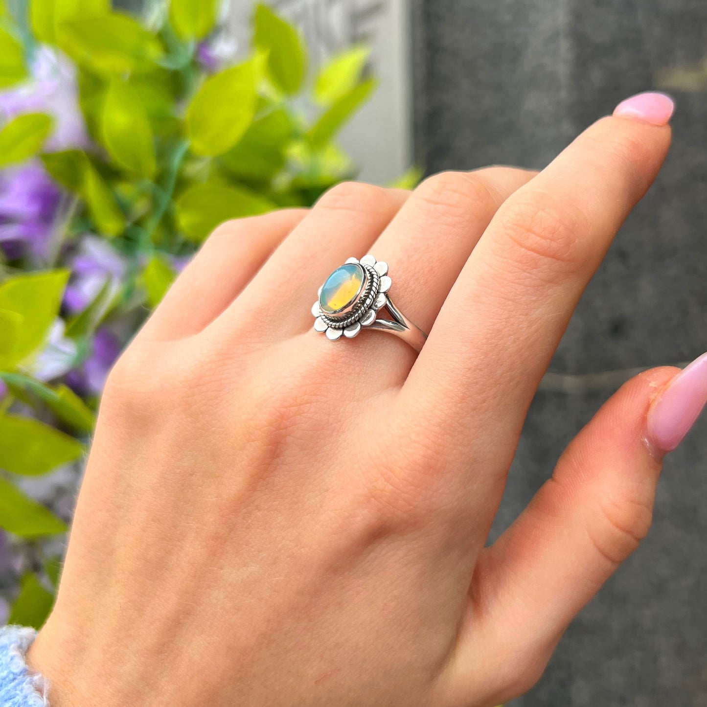 Sterling Silver Flower Design Opal Ring - Size O