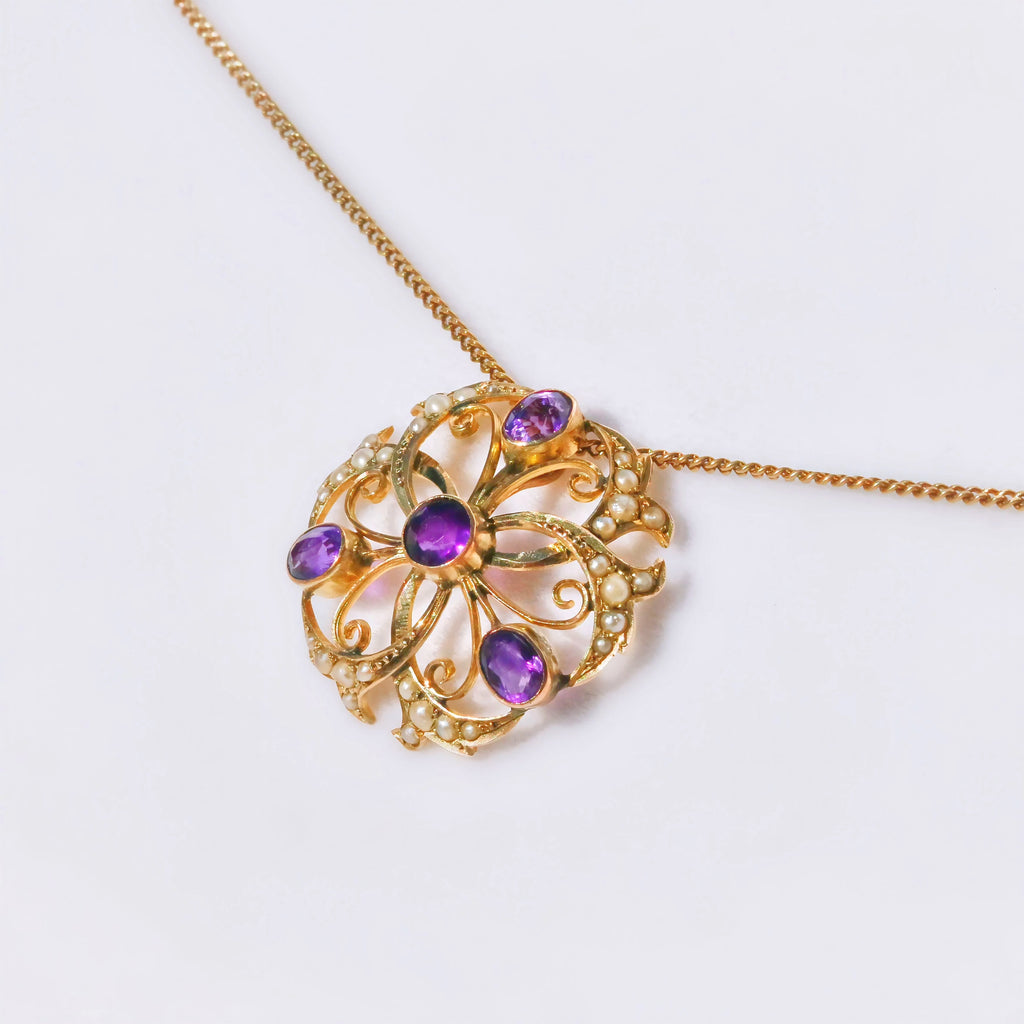 Antique Edwardian Amethyst and Seed Pearl 9ct Yellow Gold Necklace