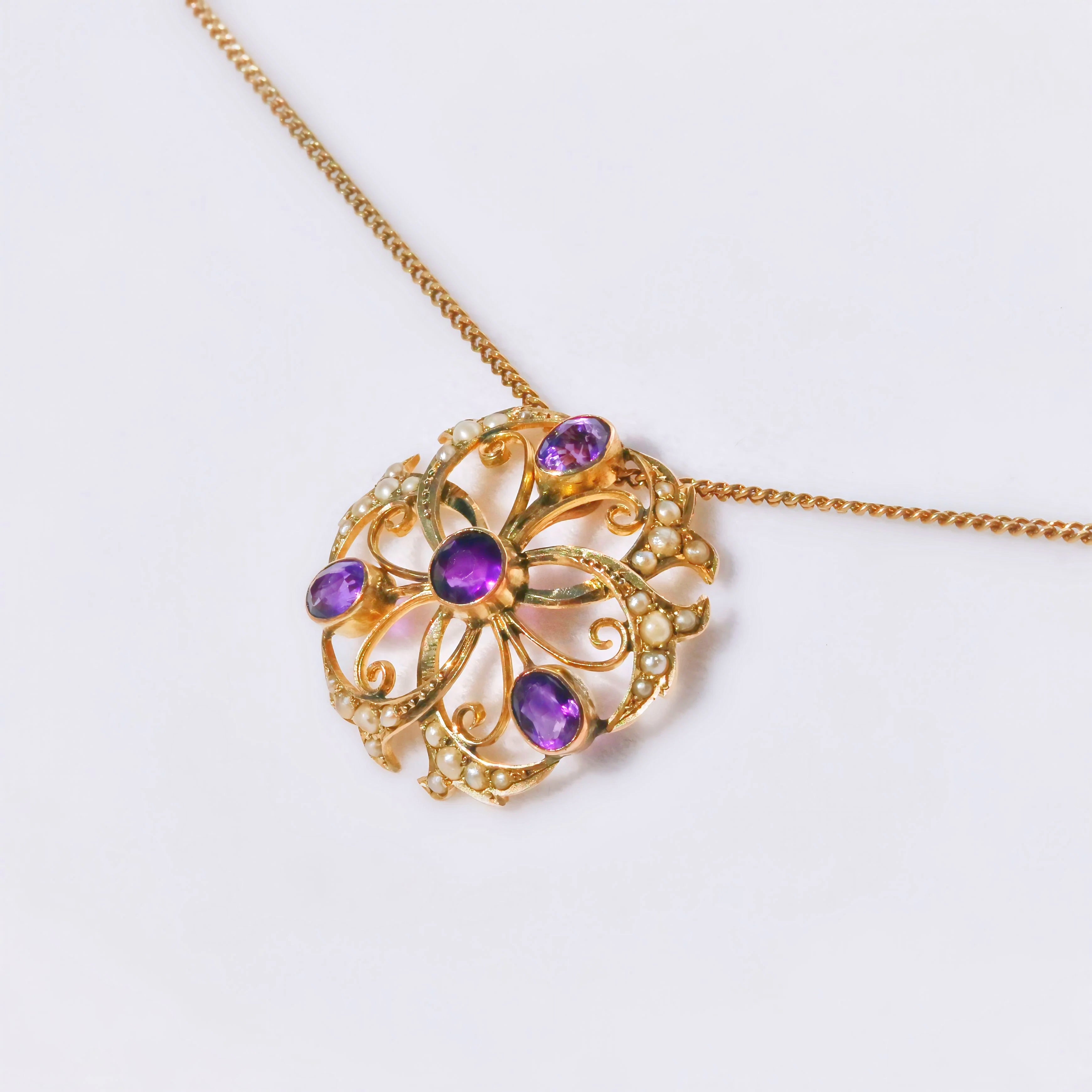 Antique Edwardian Amethyst and Seed Pearl 9ct Yellow Gold Necklace