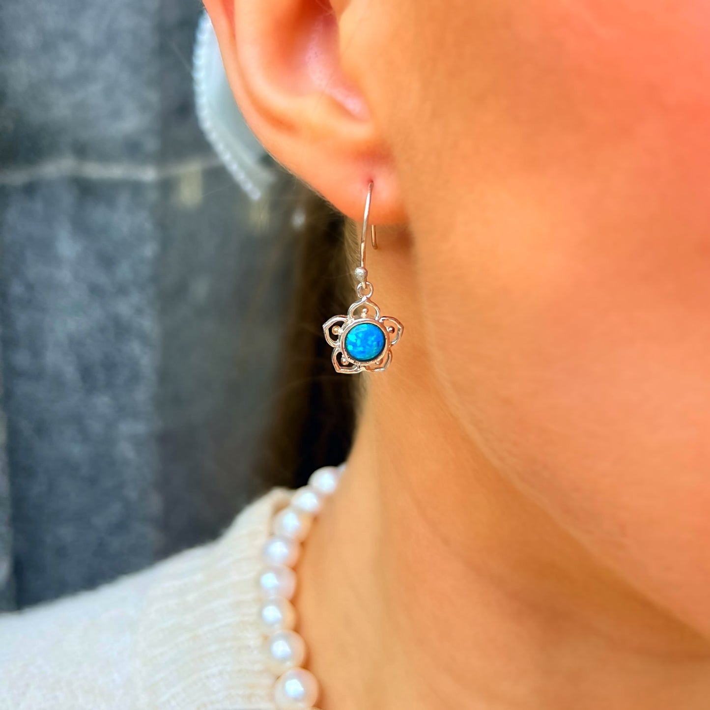 Sterling Silver Blue Opal Flower Design Drop Earrings