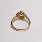 Peridot, Pink Ruby and Diamond Art Deco Reproduction 9ct Yellow Gold Ring | Size O