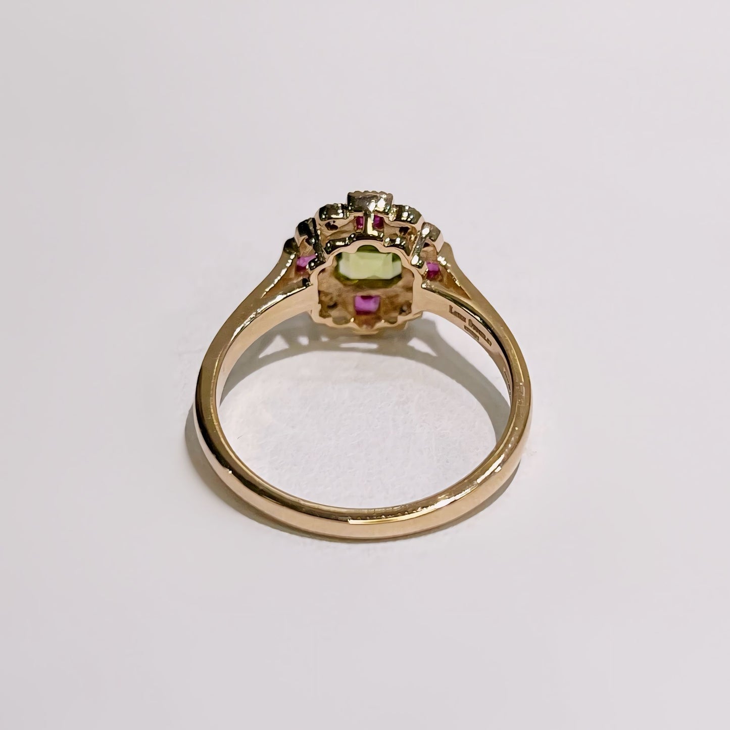 9ct Yellow Gold Art Deco Reproduction Green Peridot, Pink Ruby and Diamond Ring – Size O